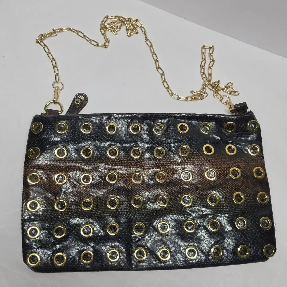 LOGO by Lori Goldstein Brown Snakeskin Print Gold Eyelets Clutch Bag Style 80s
